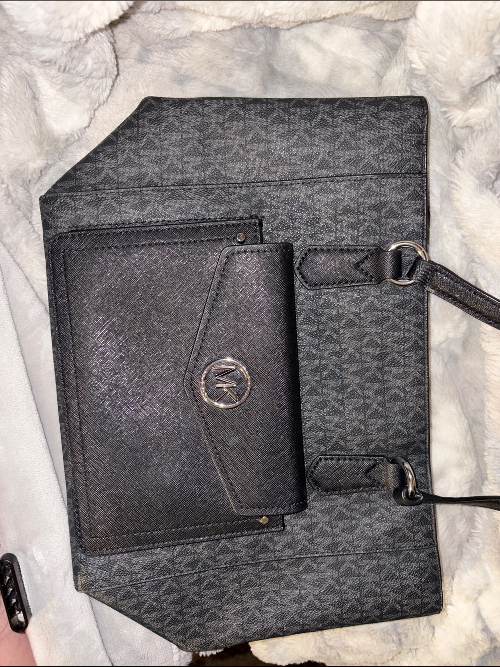 Michael Kors Black Logo Tote with Exterior Wallet Pocket
